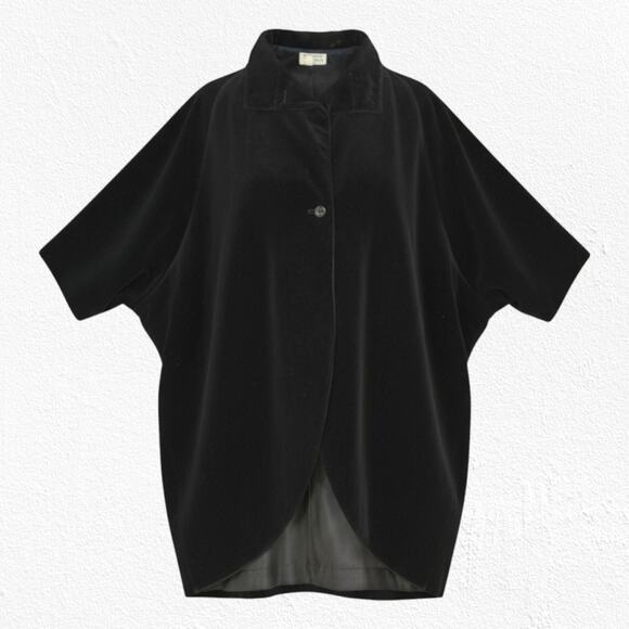 1970s Black Velvet Edwardian Cape Coat Dramatic High Low Smooth Gothic Overcoat - Picture 1 of 8